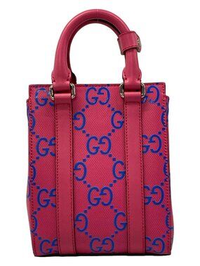 GUCCI GG Embossed Mini Tote Bag 696010 Pink Blue Leather Tote Bag